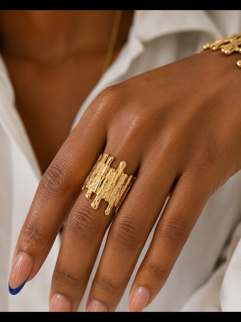 Gold Textured Statement Cuff Bracelet and Ring - Women Jewelry - Picture 3 of 6